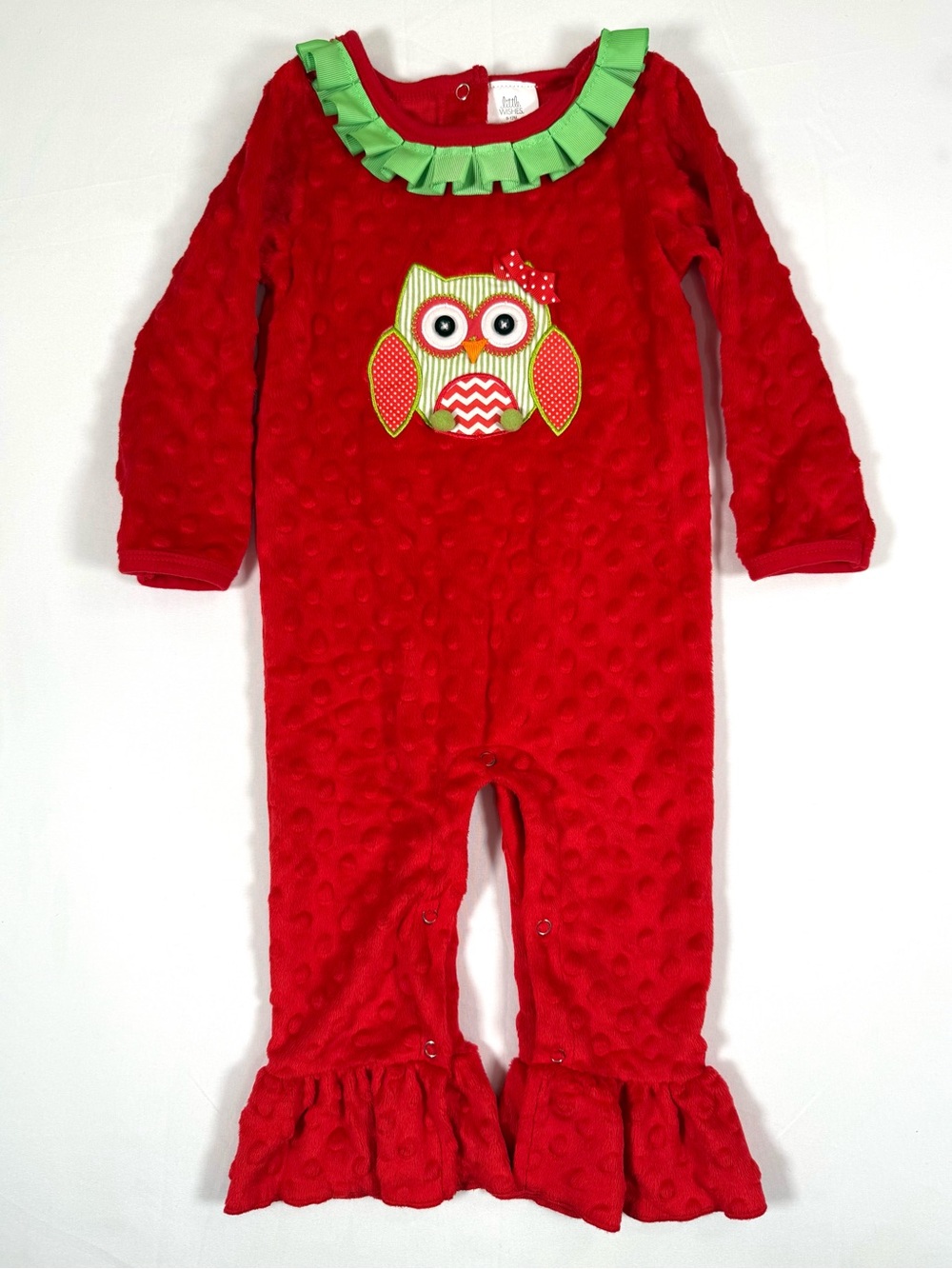 LITTLE WISHES Girls Christmas Owl Minky Ruffle Romper 9-12M Preppy Cottagecore